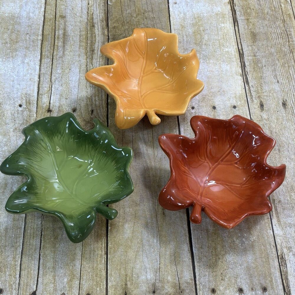 Cracker Barrel Pumpkin Patch Leaf Dish Plate Bowl Lot of 3 Ceramic Fall Decor